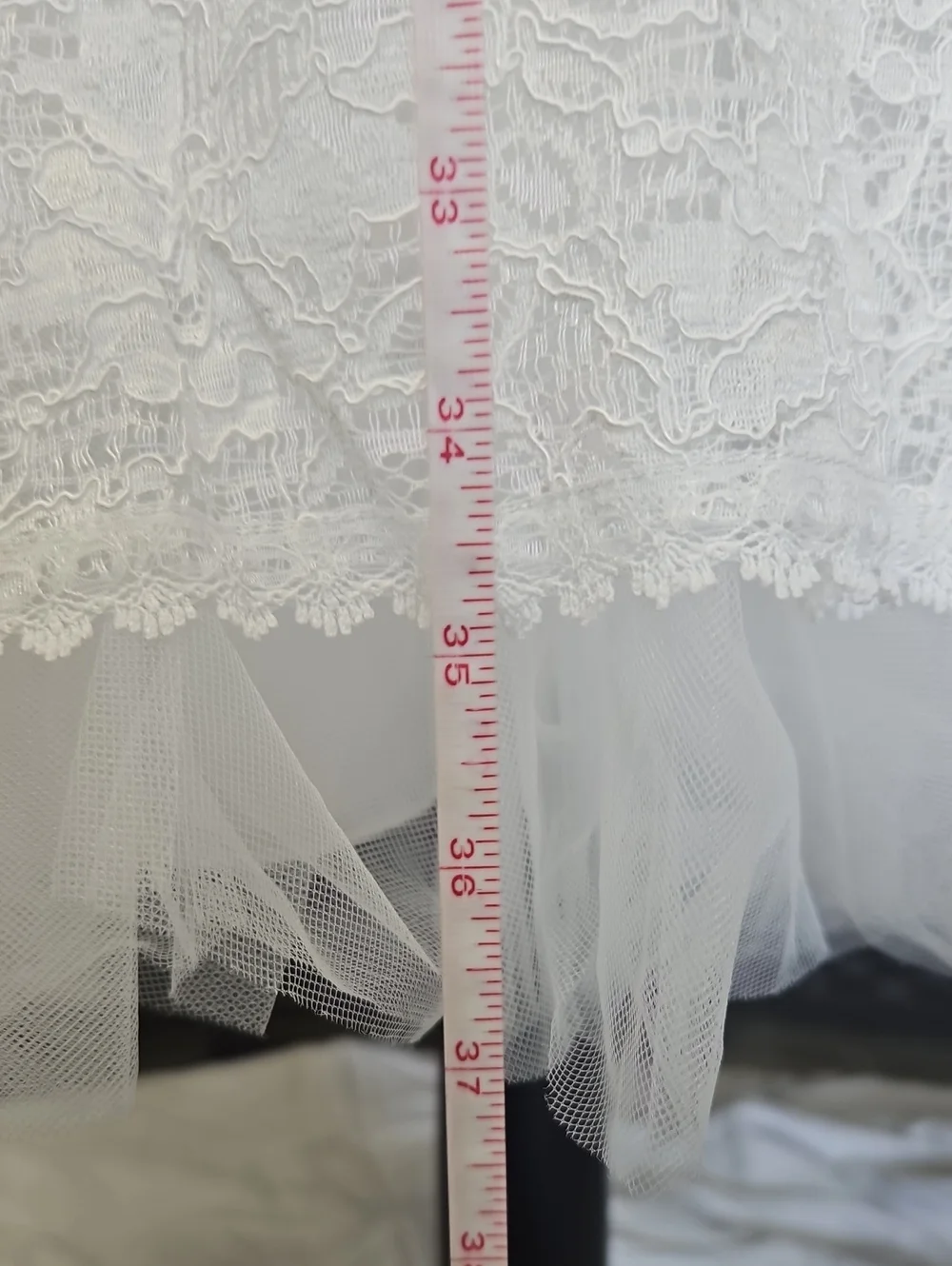 Size 6 white knee/midi lace fit & flare dress w/ a sheer neckline & open back